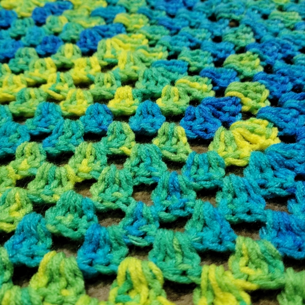 Handcrafted Crochet Afghan 48"x48" Blue Green Yellow Verigated Spiral pattern - Picture 9 of 10